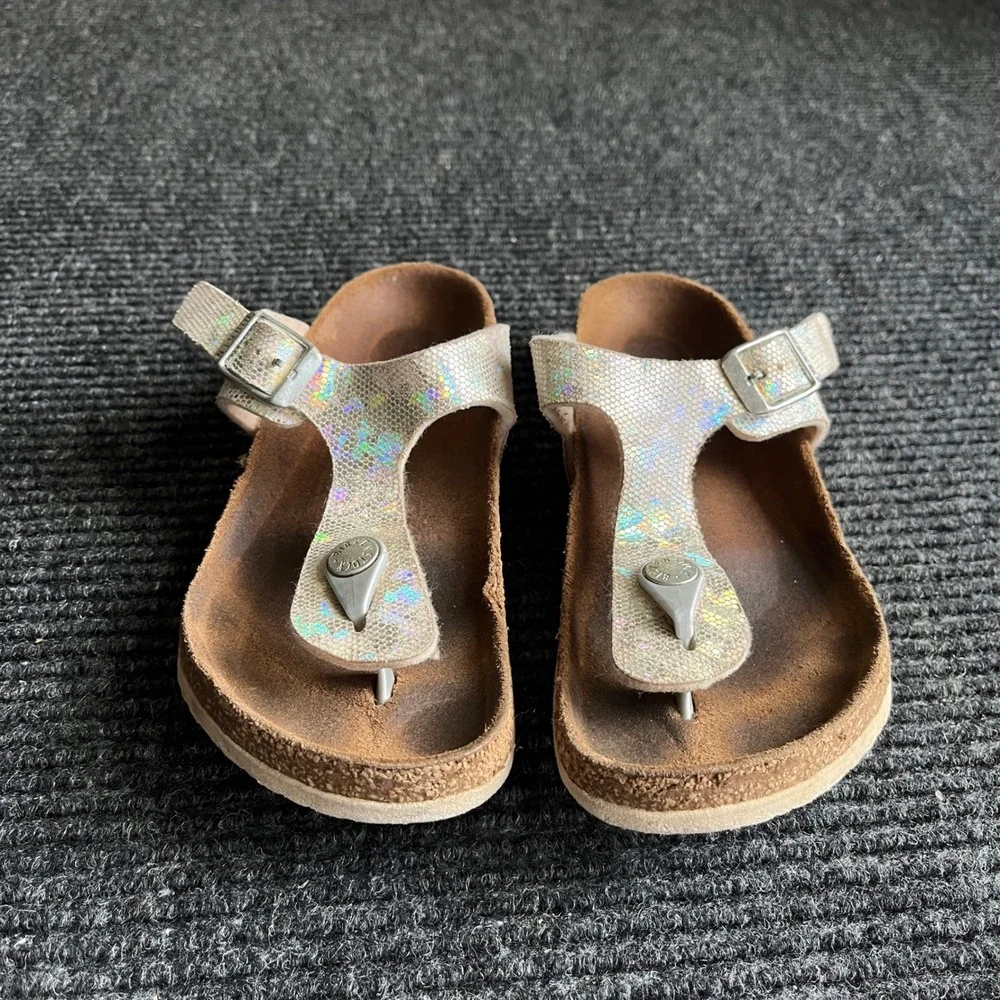 Birkenstock Gizeh Sandal Kids 32 Silver Holographic thong strap slide Glitter